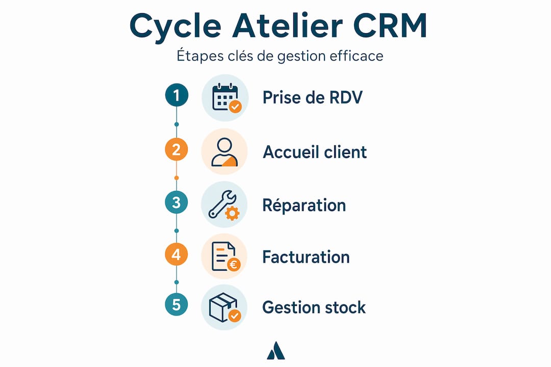 Schéma du parcours de gestion d’atelier optimisé par un CRM