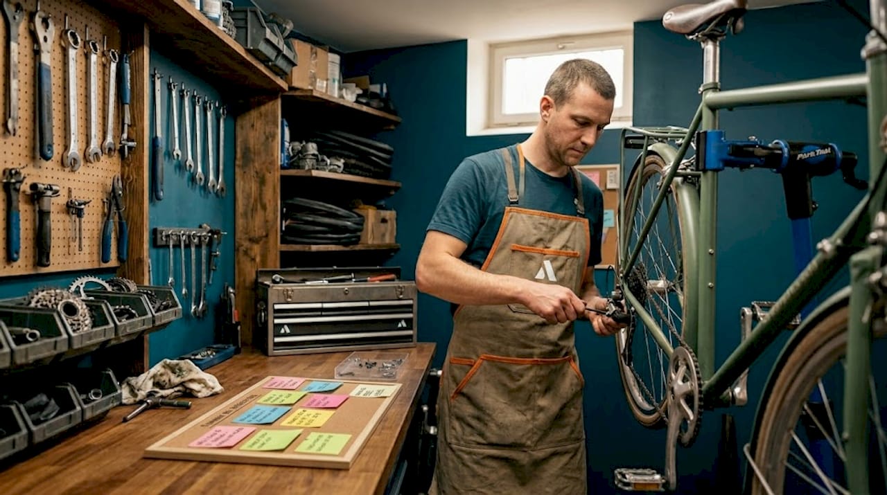 Un mécanicien en train de remettre un vélo en état dans son atelier