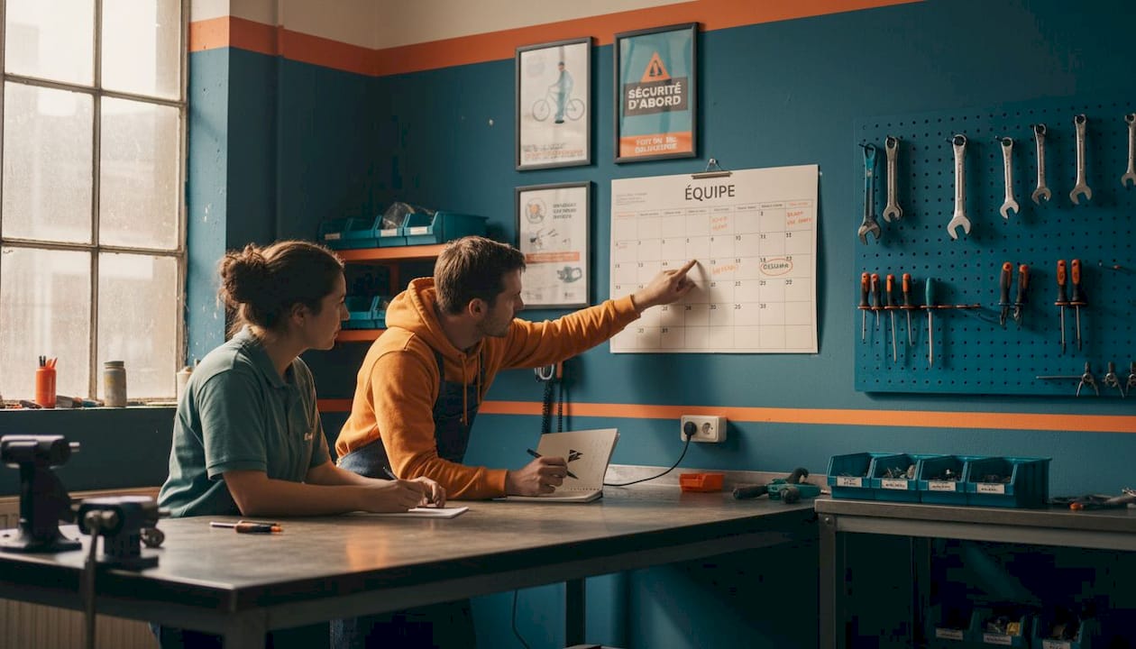L’équipe de l’atelier vélo organise et met à jour le planning commun.