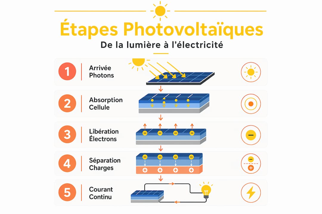 Schéma illustrant les différentes étapes de transformation de la lumière en énergie électrique