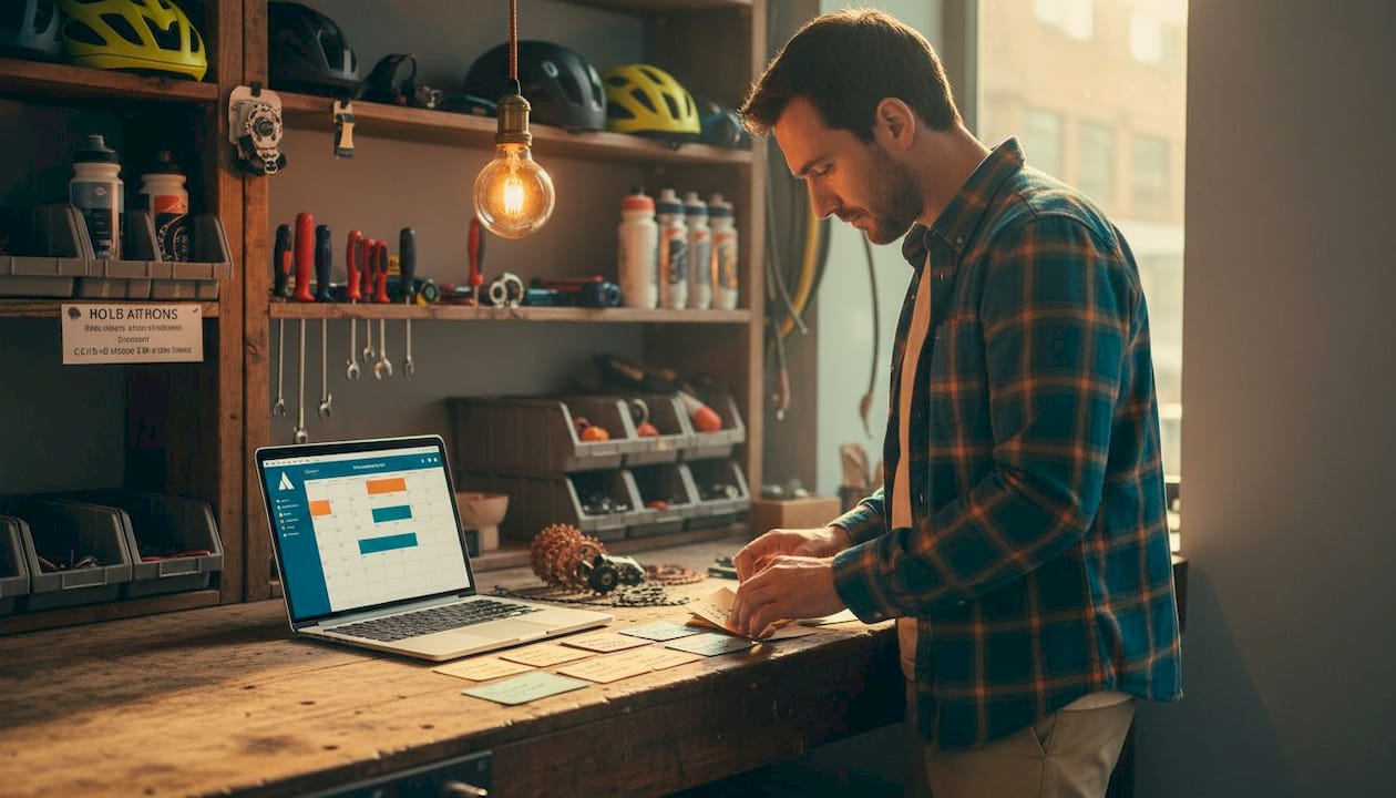 Le responsable de l'atelier vélo organise la gestion des réparations directement au comptoir.