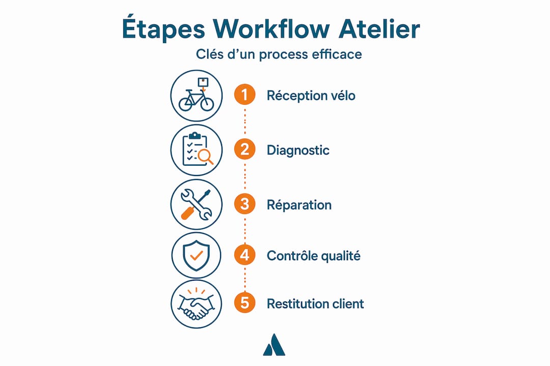 Infographie : les étapes essentielles du processus en atelier de réparation vélo