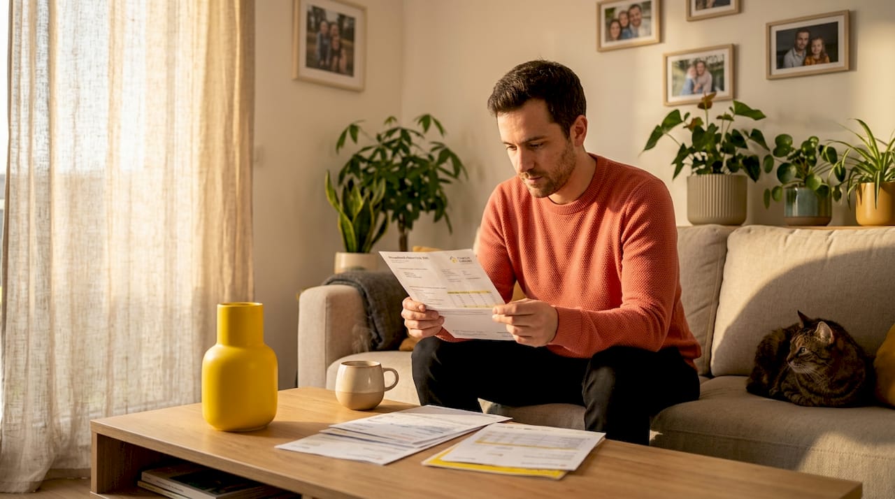 Un homme en train de consulter attentivement ses factures d’électricité.