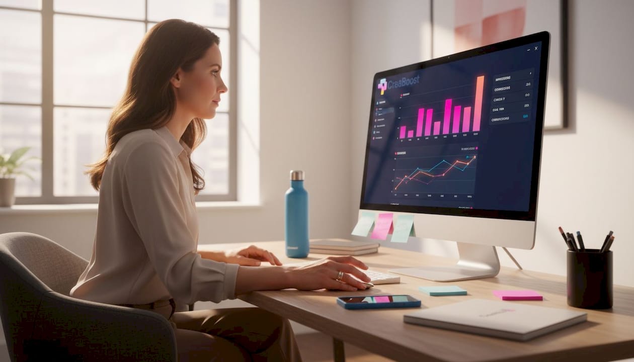 Marketer reviews ad dashboard in bright workspace