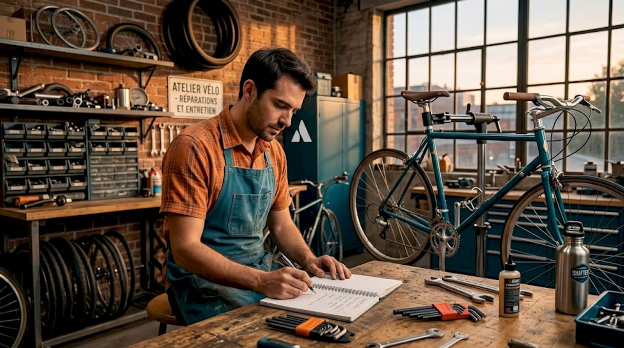 Un mécanicien effectue la mise à jour des réparations dans son atelier de vélos.