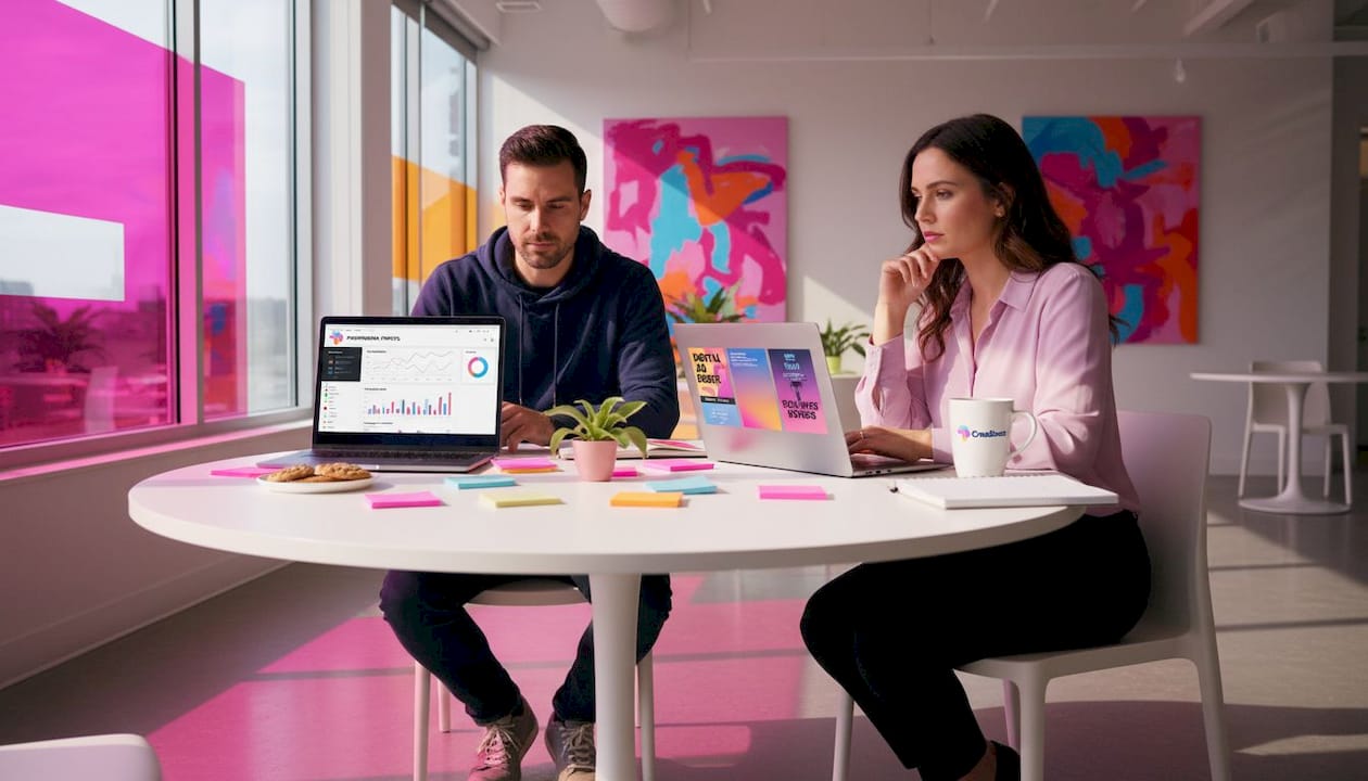Marketers working at table using laptops