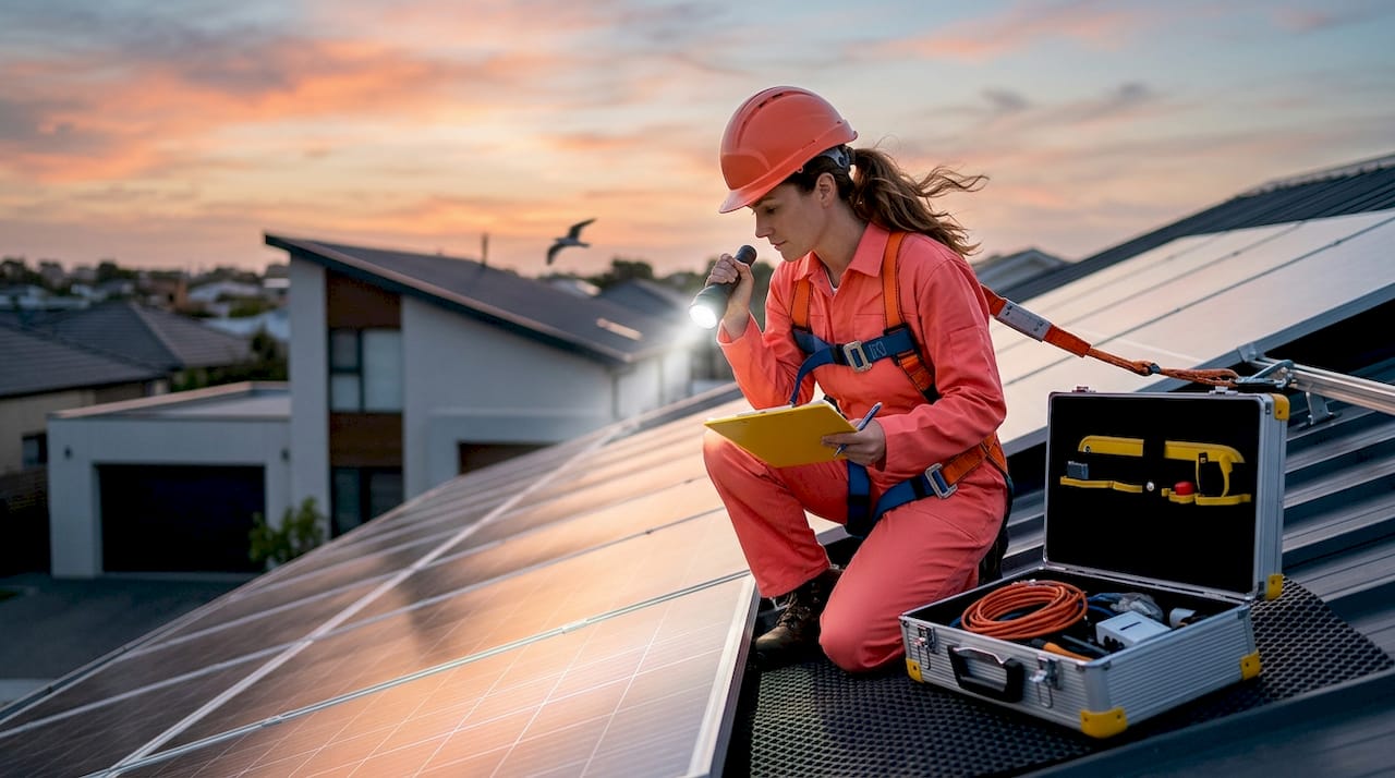 Un technicien spécialisé vérifie les raccordements des panneaux solaires installés sur le toit.