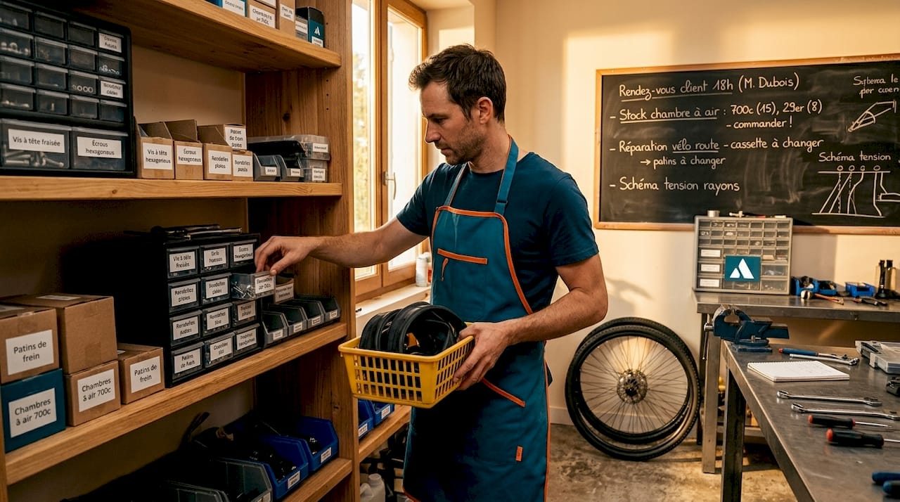 Un mécanicien de vélo en train de ranger et organiser les pièces dans l’atelier.