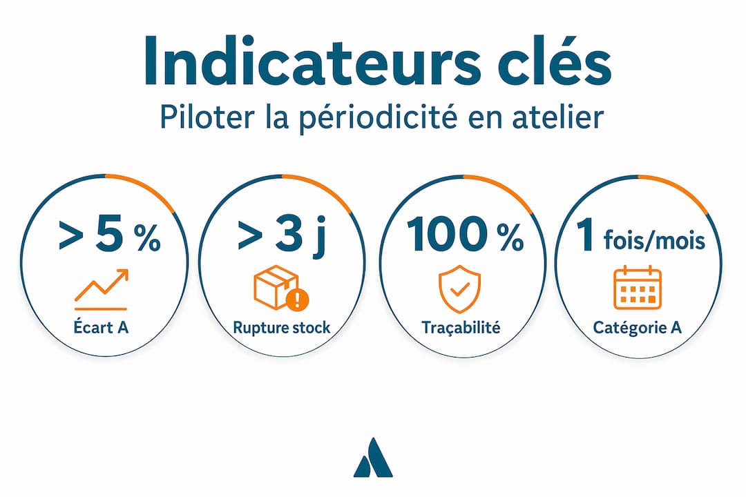 Visuel récapitulatif des indicateurs de suivi et de la fréquence des inventaires dans l’atelier vélo