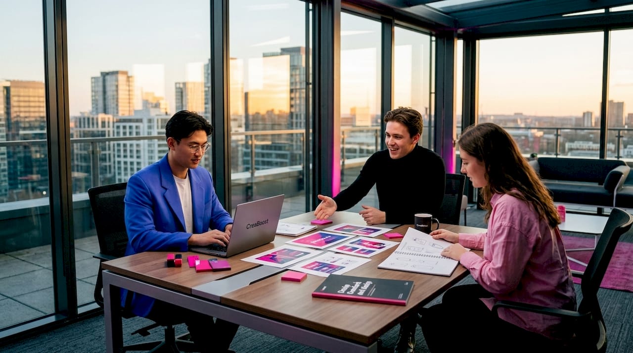 Agency team reviewing creative notes in office
