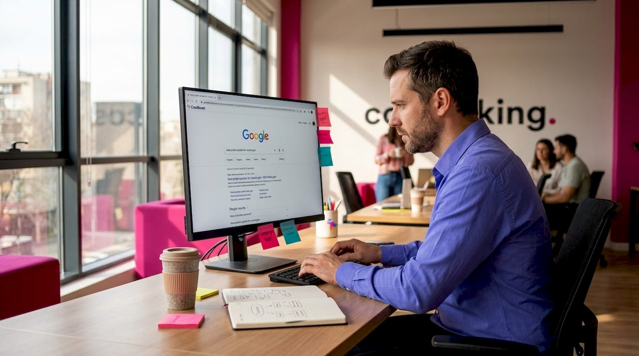 Marketing analyst searching product at home office desk