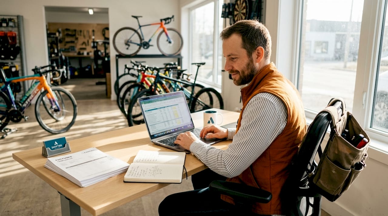 Un réparateur de vélos passe en revue sa comptabilité dans son atelier.
