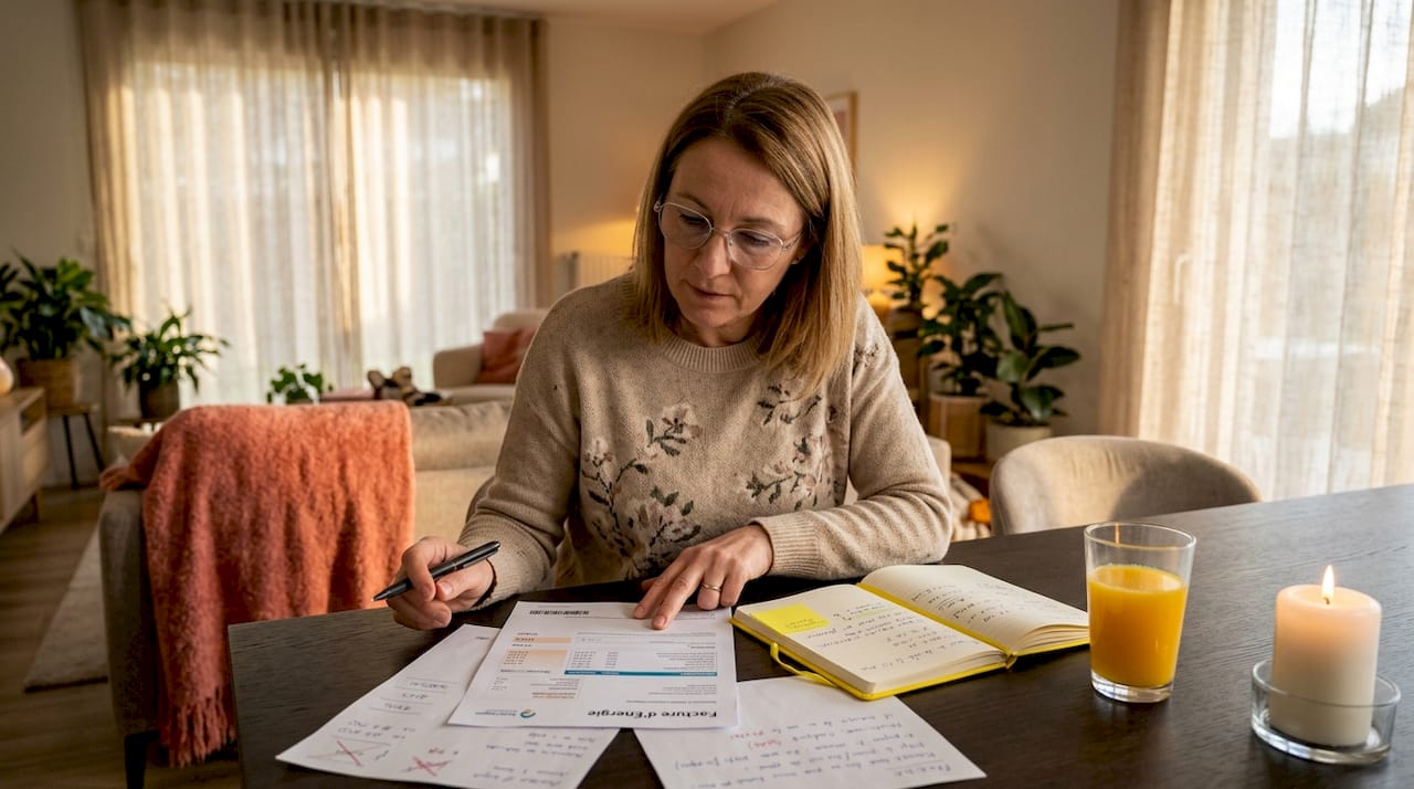 Une femme en train de consulter sa facture d'électricité à la maison