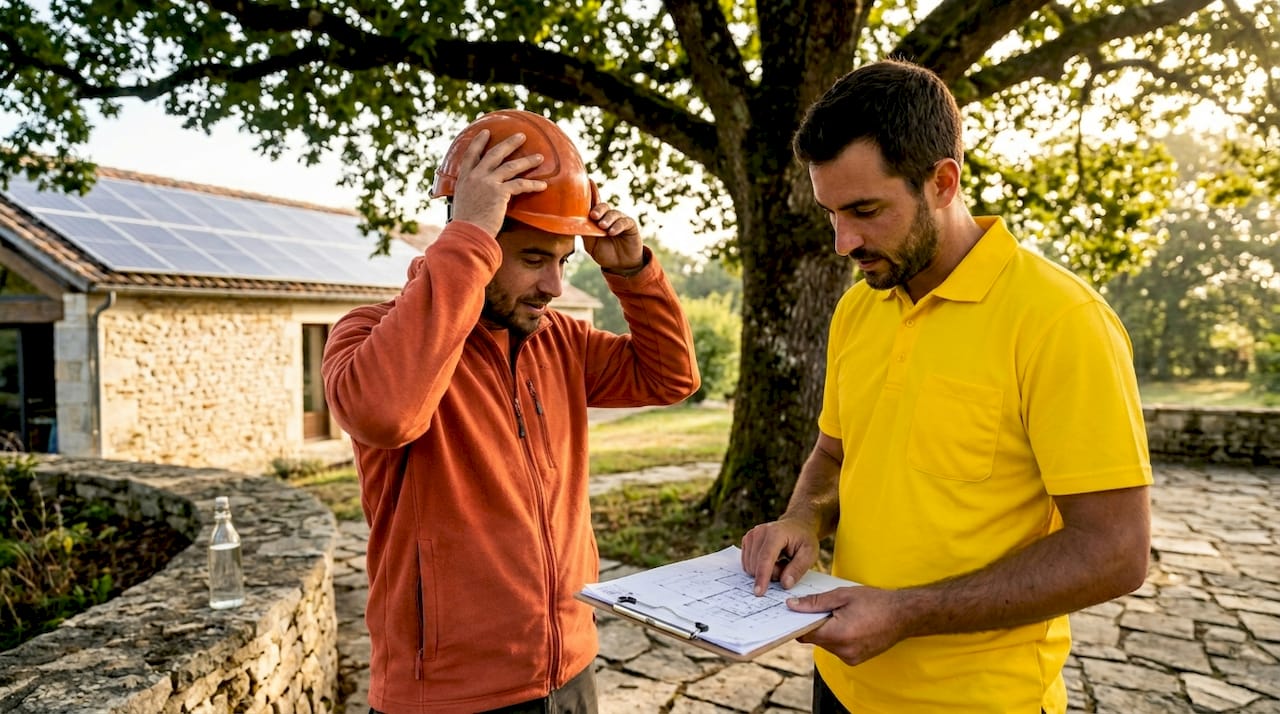 Des artisans issus de petites entreprises locales rassemblés devant un parking équipé de panneaux solaires en Charente
