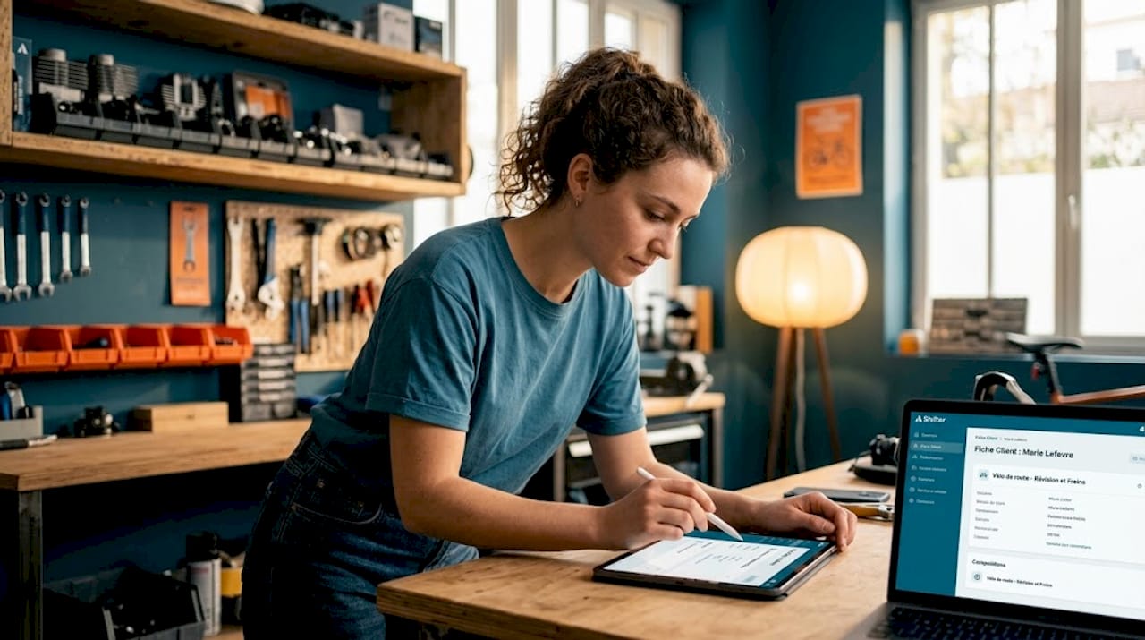 Dans l’atelier vélo, la technicienne s’appuie sur des outils numériques pour gérer efficacement son activité.