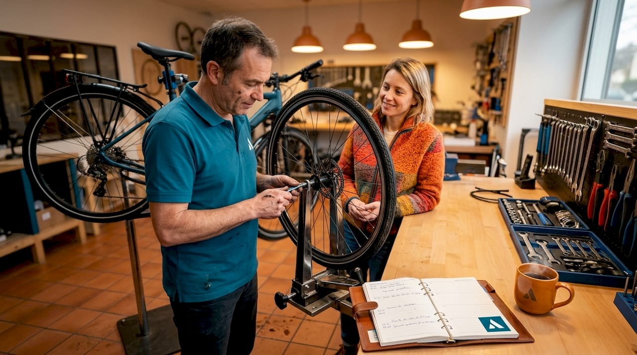 Un mécanicien s’affaire sur un vélo pendant que sa cliente l’observe attentivement.