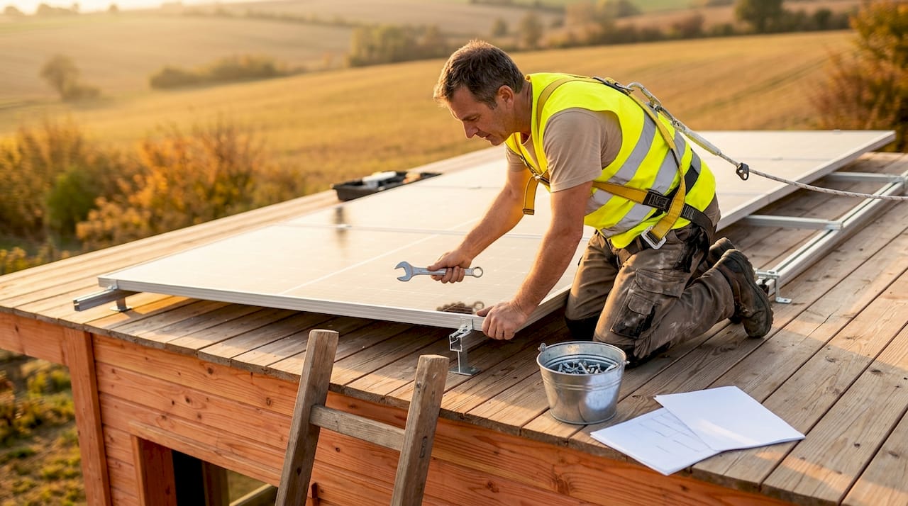 Un technicien installe des panneaux solaires sur une toiture.
