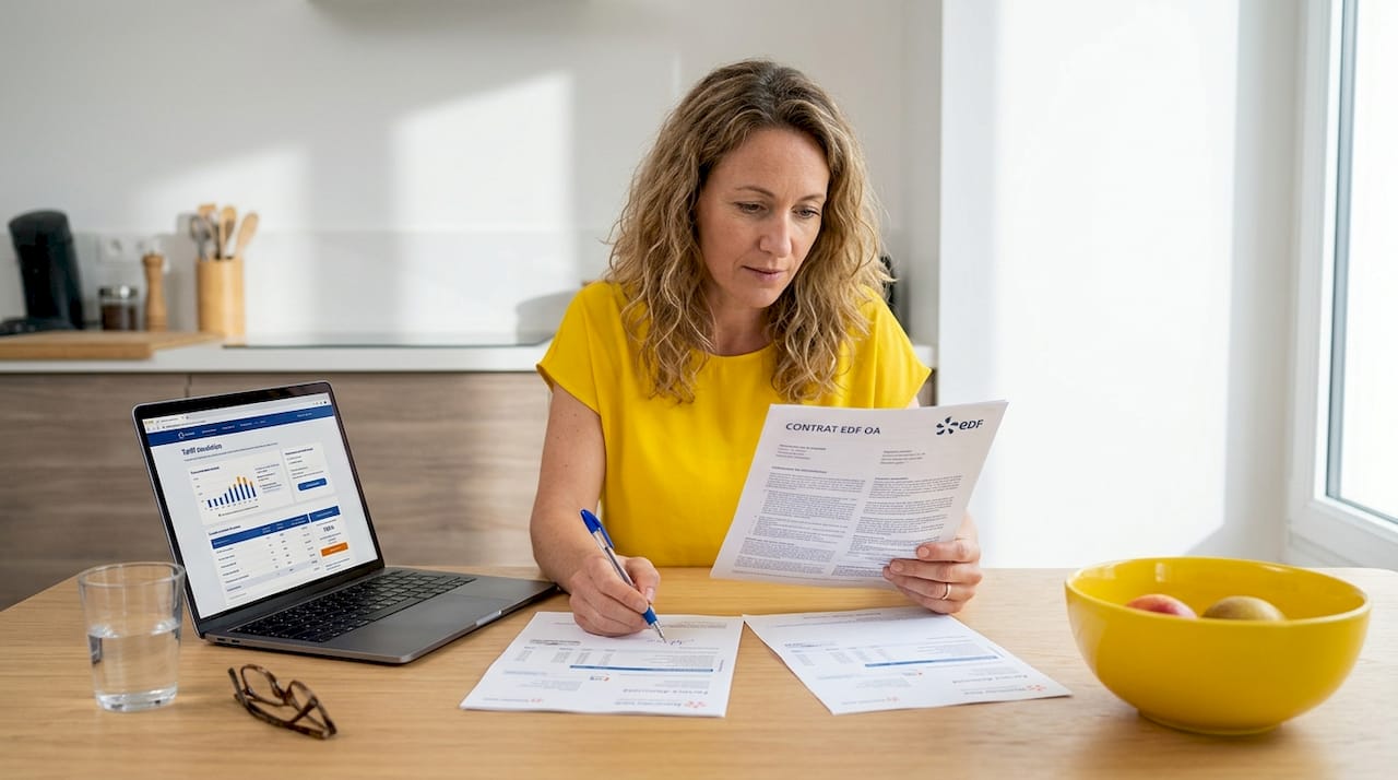 Une femme examine attentivement les conditions d’un contrat de rachat de son installation solaire.