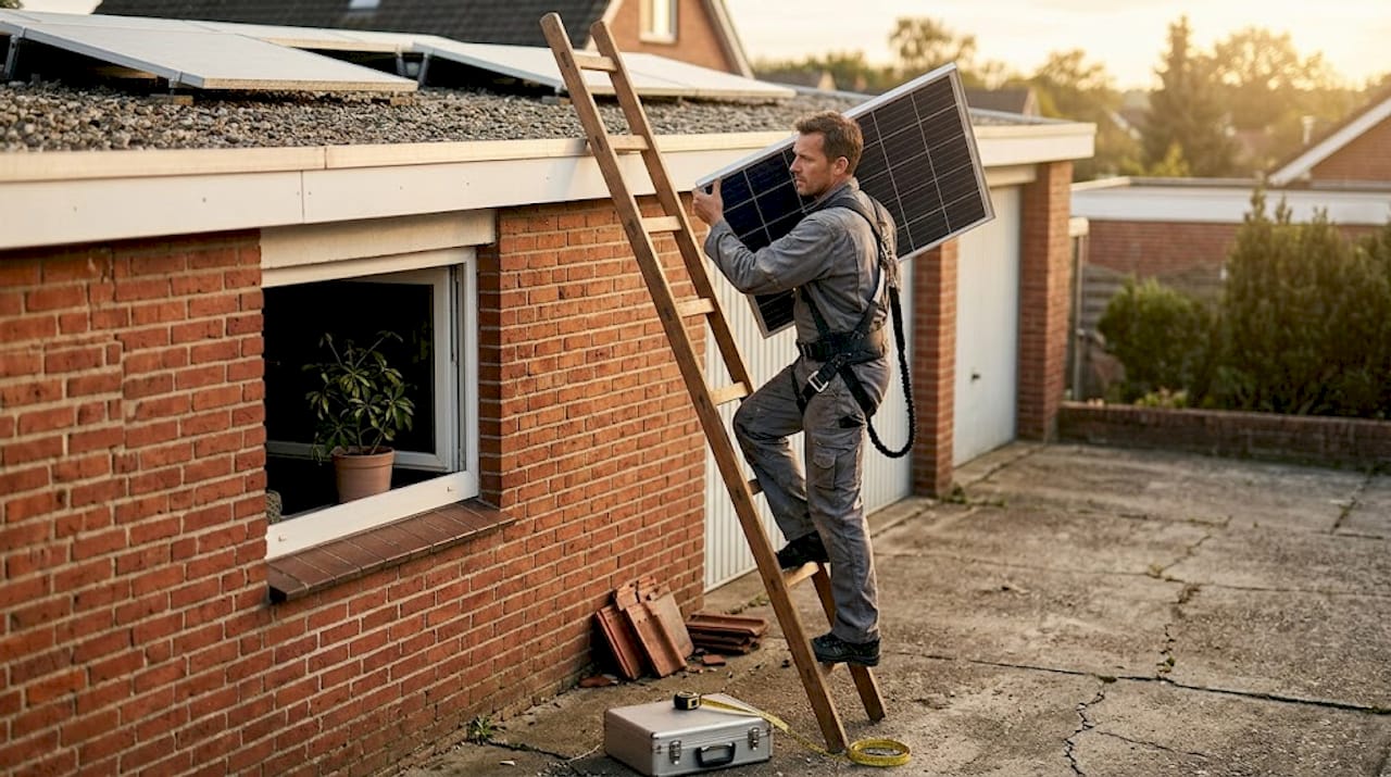 Installation de panneaux solaires sur le toit du garage par un professionnel