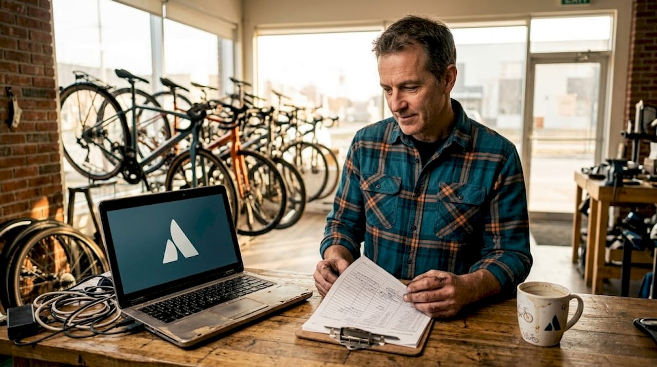 Le responsable du magasin de vélos vérifie le stock derrière le comptoir.