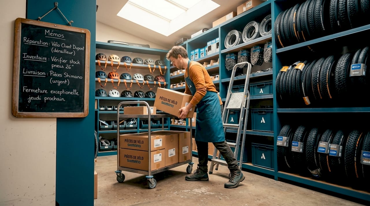 Des employés s’affairent à décharger les livraisons dans la réserve du magasin de vélos.