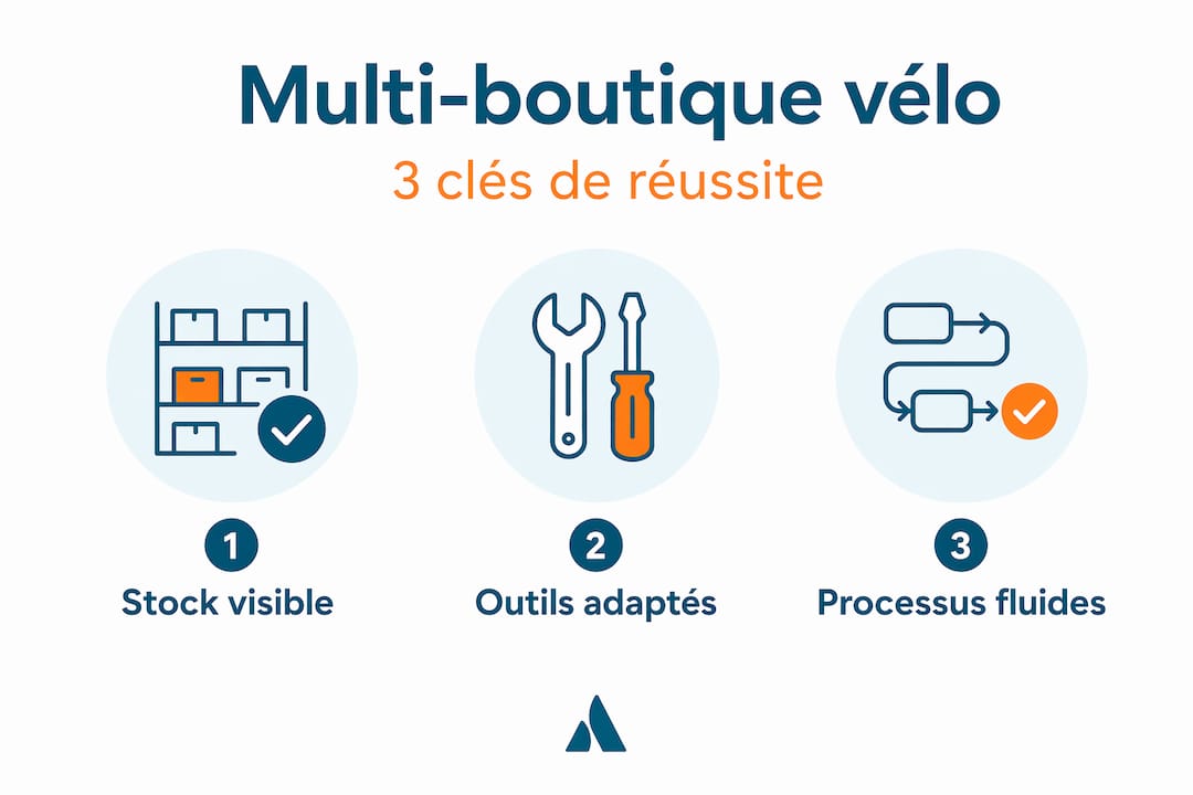 Infographie en format vertical : découvrez les 3 astuces incontournables pour optimiser la gestion de vos magasins de vélos, même en multi-sites.