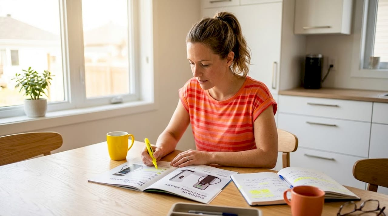 Une femme compare différentes solutions de bornes solaires de 7 kW avant de faire son choix.