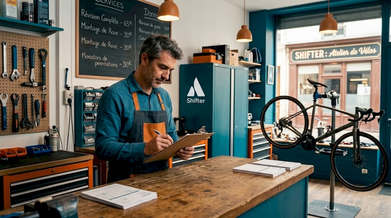 Le gérant du magasin de vélos examine la fiche de réparation d’un client pour vérifier les travaux à effectuer.