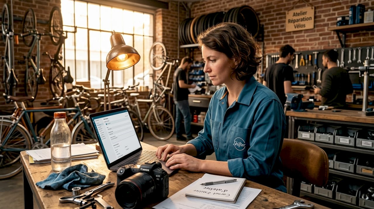Un membre de l'équipe saisit des informations dans l'atelier de réparation de vélos.
