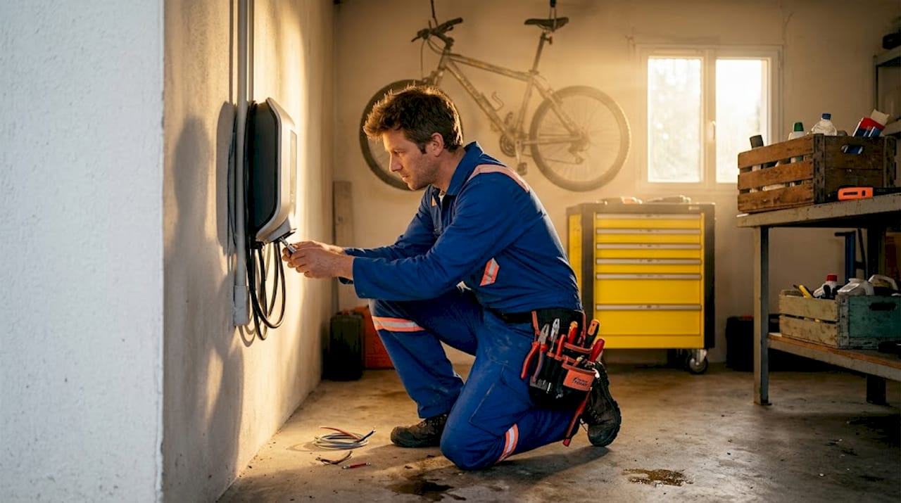Un électricien procède à l’installation d’une borne de recharge pour voiture électrique dans un garage.
