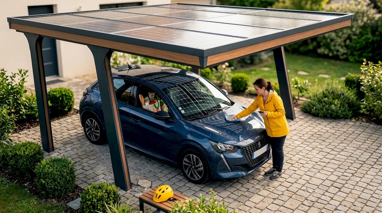 Voiture stationnée à l’ombre d’un abri équipé de panneaux solaires.