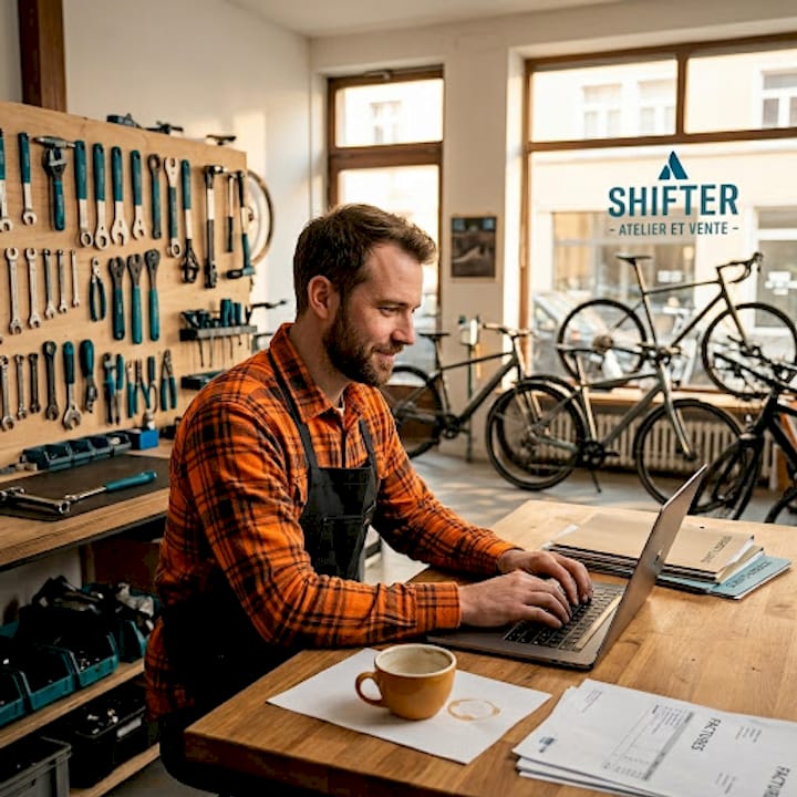 Le responsable de l’atelier vélo gère la relation client depuis son bureau grâce à un logiciel CRM.