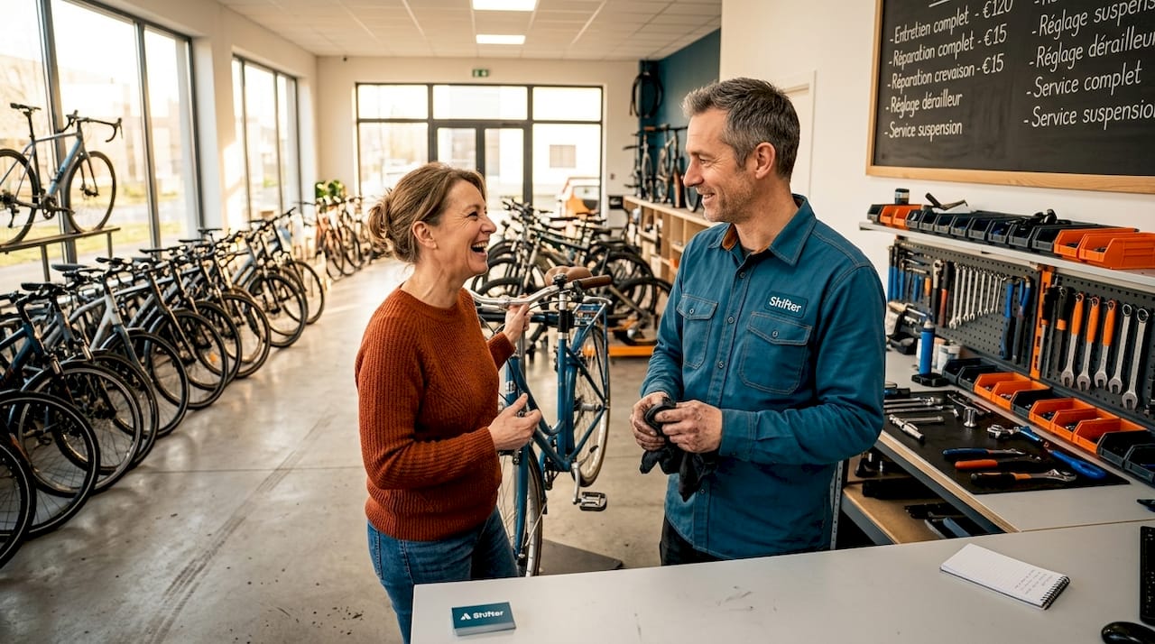 Un réparateur de vélos en pleine discussion avec l’un de ses clients habituels.