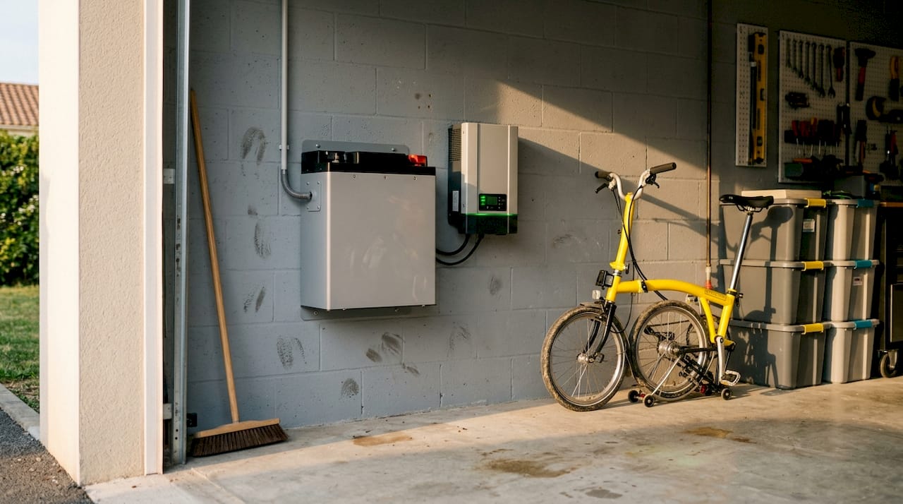 Batterie solaire LiFePO4 installée dans un garage