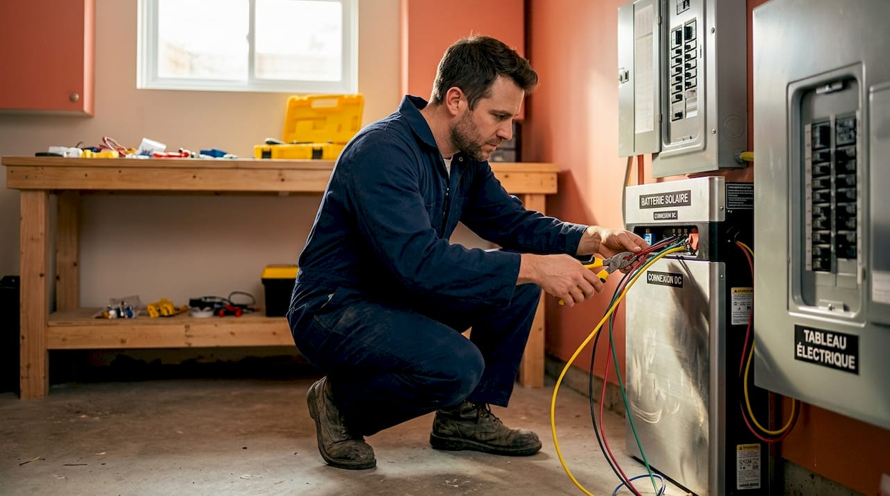 Un technicien procède à l’installation d’une batterie solaire chez un particulier.