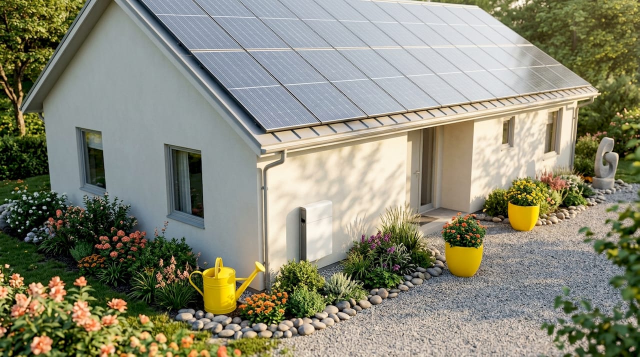 Vue aérienne d’une maison équipée de panneaux solaires et d’une batterie de stockage
