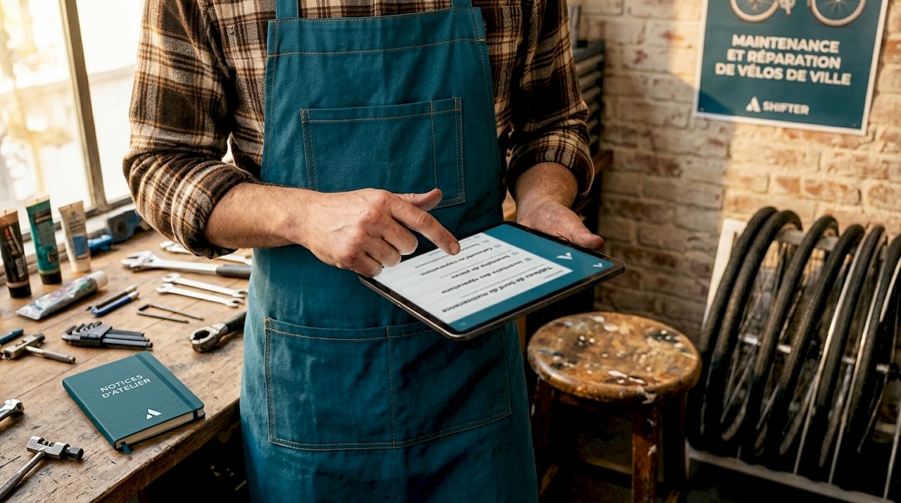 Un mécanicien vélo consulte des informations techniques sur sa tablette directement dans l’atelier.