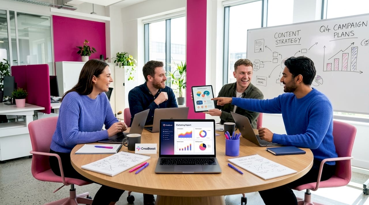 Team collaborating on marketing assets at office