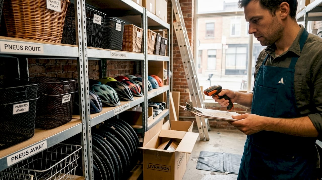 Le responsable du magasin vérifie l’état des stocks dans la boutique de vélos.
