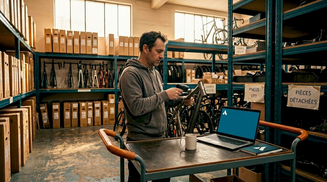 Un employé d’entrepôt vérifie le code-barres d’un cadre de vélo à l’aide d’un scanner.