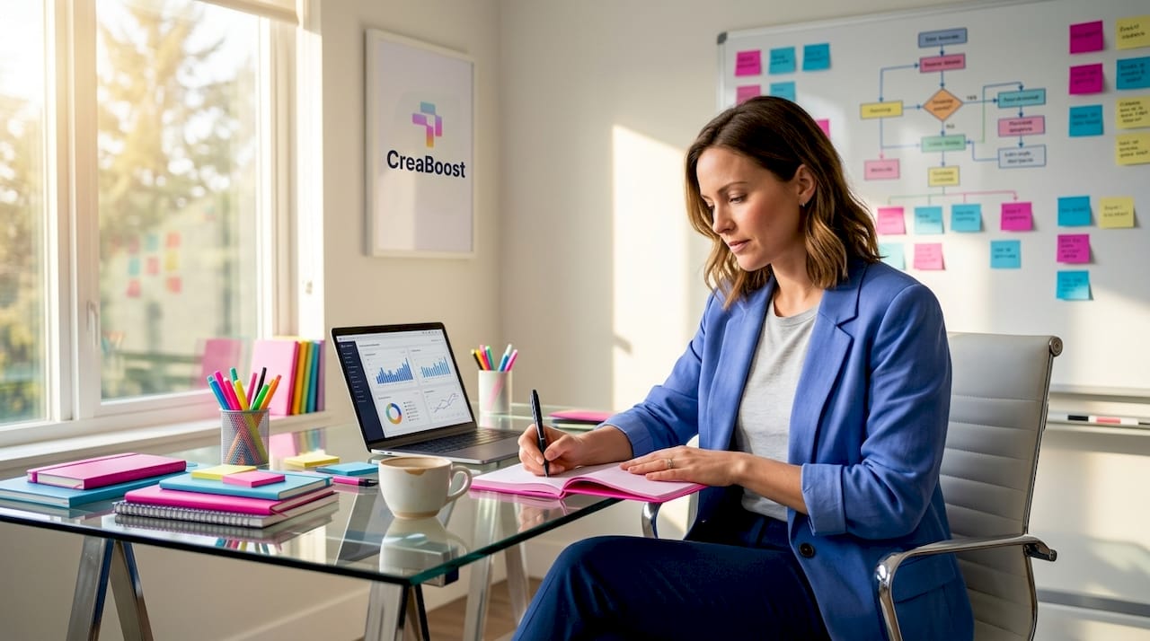 Ecommerce marketer writing notes in home office