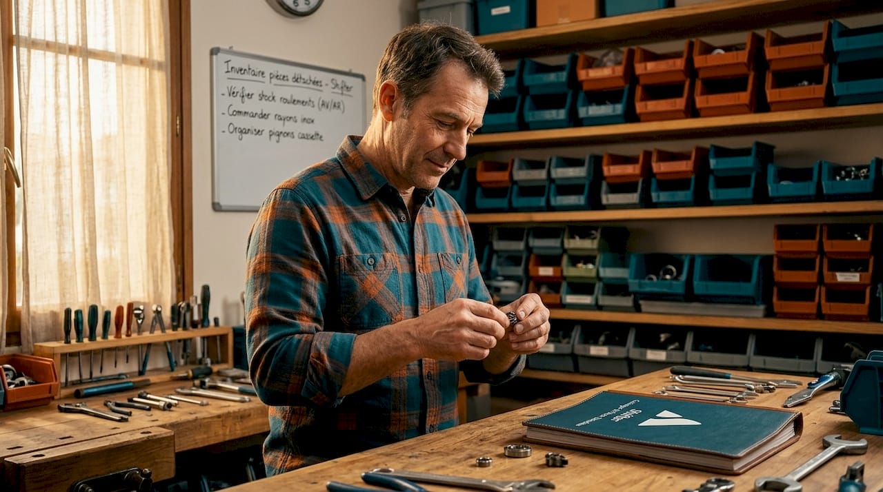 Le technicien s’occupe du rangement et de la gestion des pièces détachées de vélo dans l’atelier.