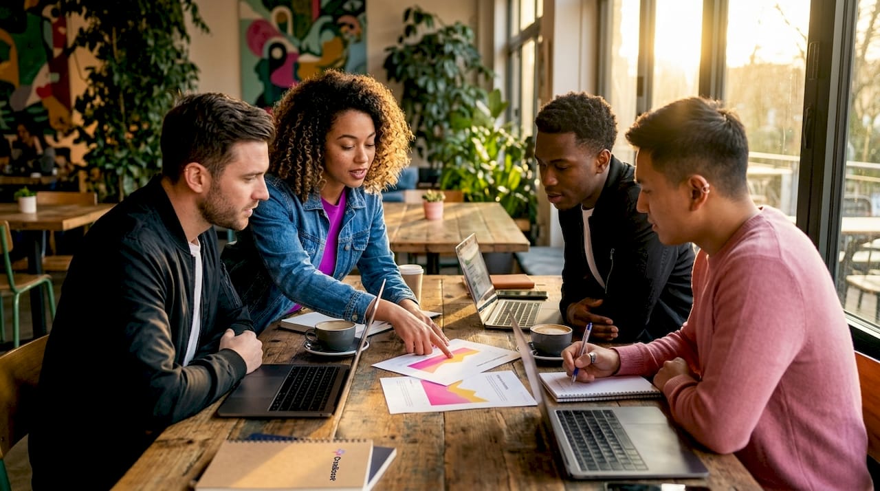 Marketing team discussing campaign checklist