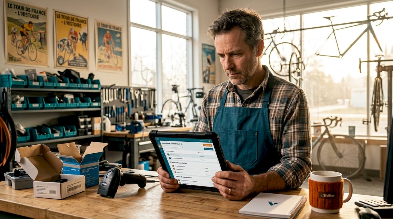 Le responsable du magasin de vélos fait l’inventaire sur sa tablette.