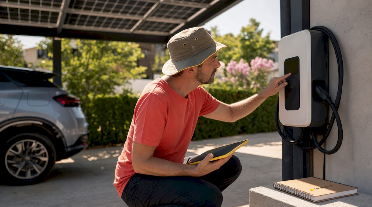 Un homme configure une station de recharge solaire pour véhicules électriques.