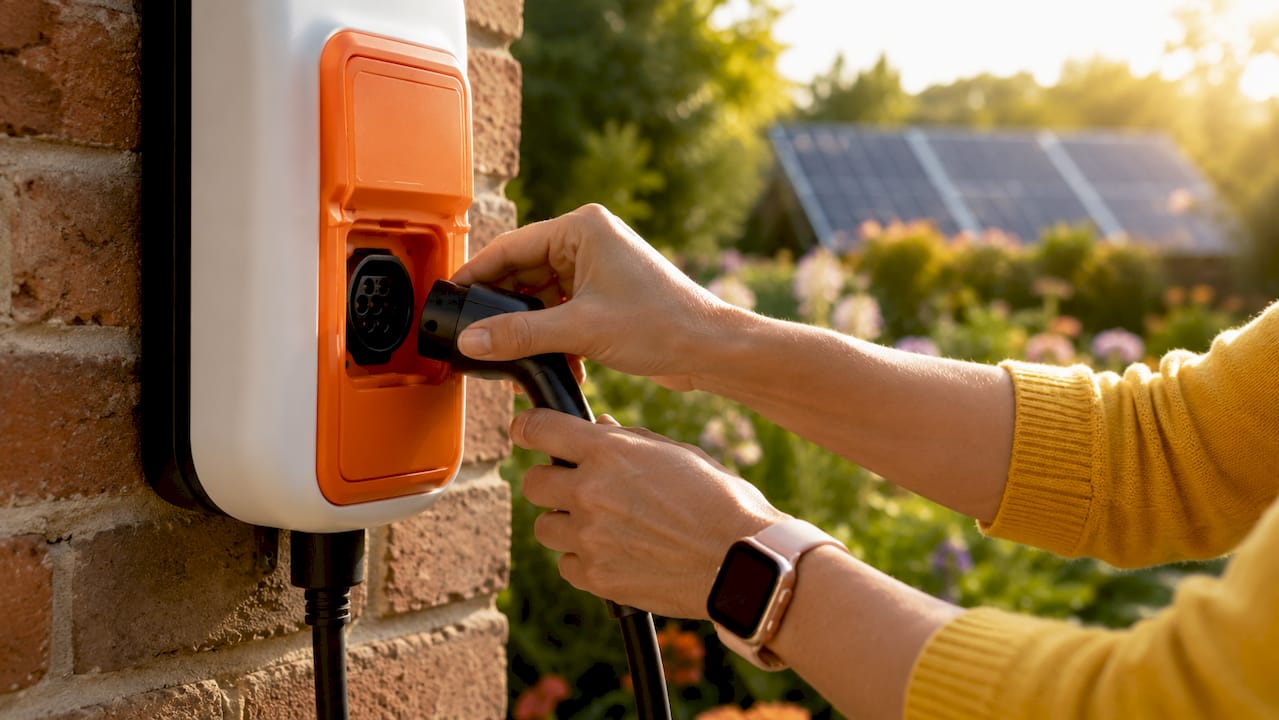 Des mains en train de raccorder un câble à une borne solaire