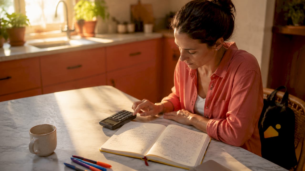Zoom sur des mains en train de faire des calculs avec une calculatrice et des feuilles de notes.