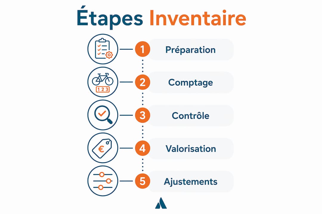 Schéma des différentes étapes pour réaliser l’inventaire annuel de l’atelier vélo