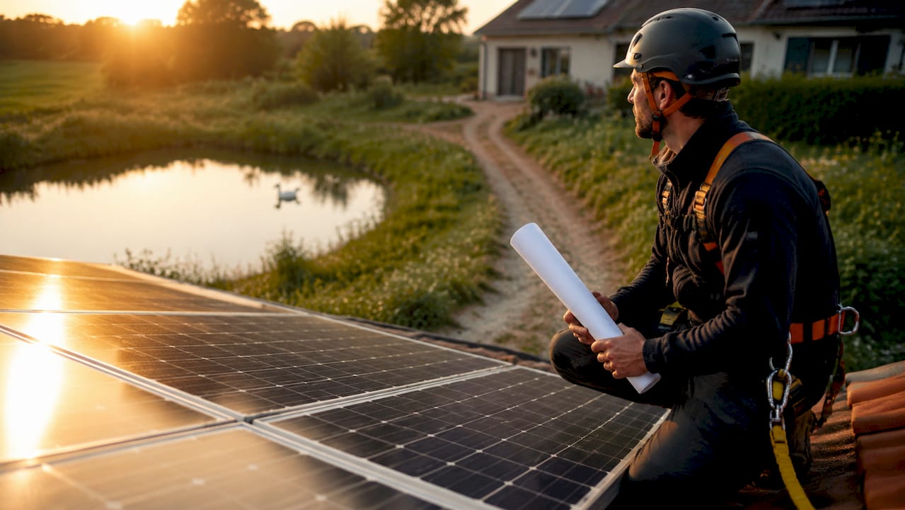 Une maison équipée de panneaux solaires sur le toit et d'une voiture électrique garée devant.