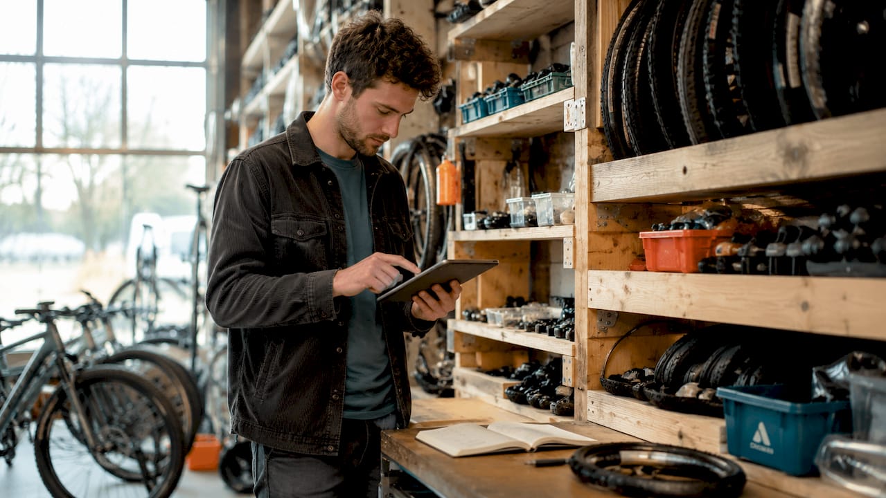 Un technicien consulte les stocks sur sa tablette numérique dans l’atelier.